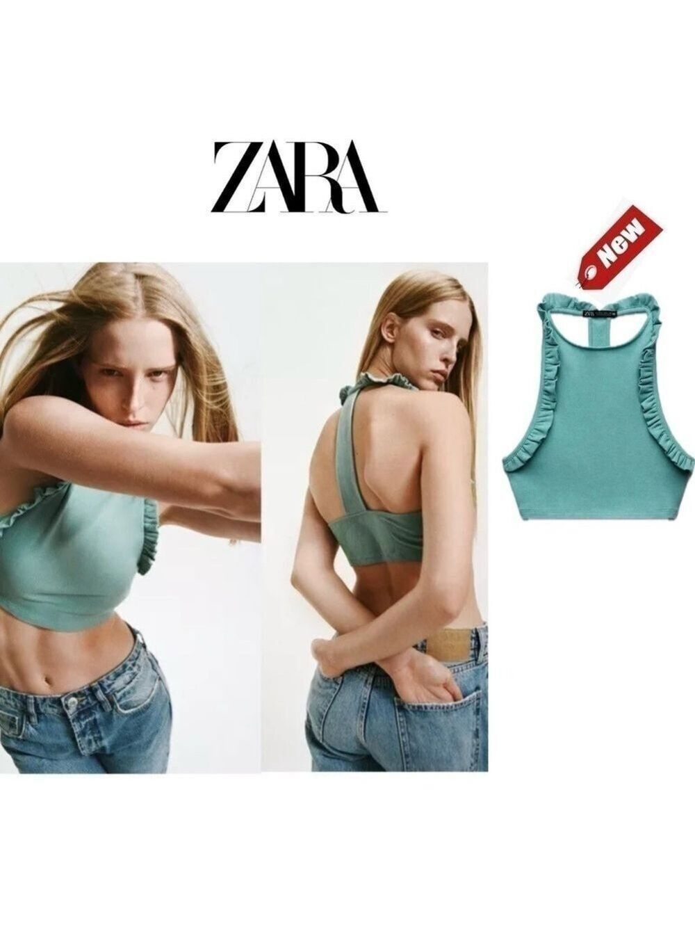 NWT WOMEN ZARA CROP RUFFLES HALTER TOP RIBBED BLOGGERS FAV BLUE / GREEN TEAL XL